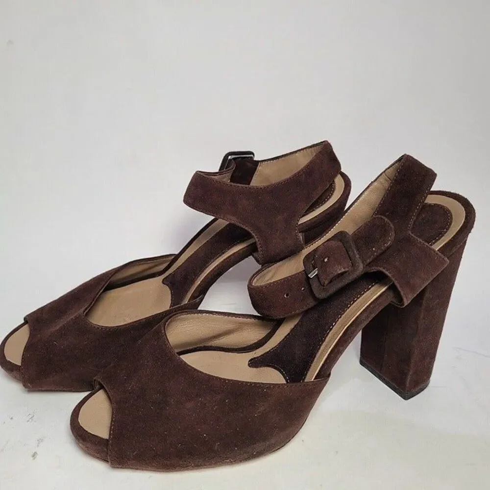 MARNI sandals brown suede leather ankle strap chunky heels peep toe 6.5 7 37.5
